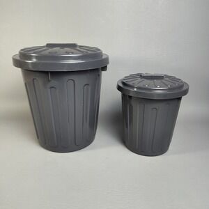 Miniature Gray Desktop Trash Cans w/ Lids 6"/4" Made USA Car Trashcan Vintage?